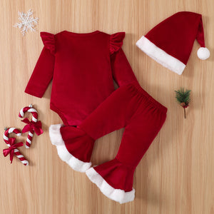 Santa Baby Christmas Romper, Flare Pants and Hat