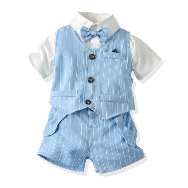 3pc Baby Boy Gentleman Suit (Shirt with Bow Tie, Striped Vest & Trousers or Shorts)