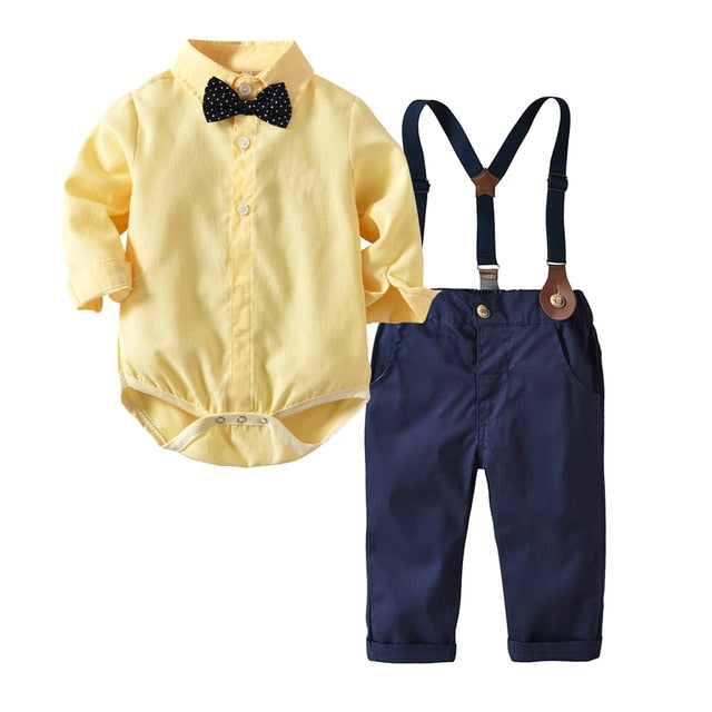 3pc Baby Boy Gentleman Suit (Shirt with Bow Tie, Striped Vest & Trousers or Shorts)