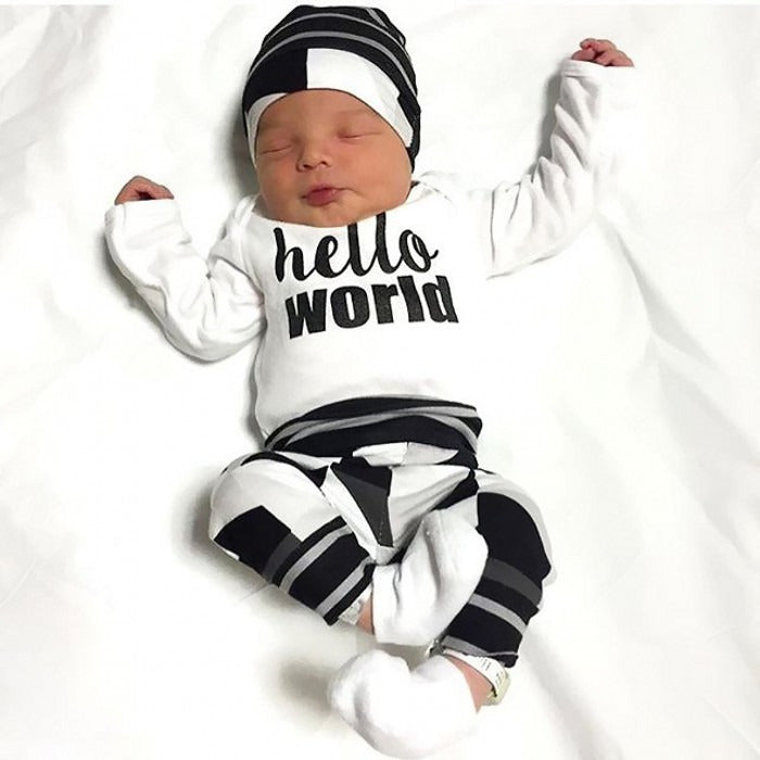 Adorable 3-pc 'Hello World' shirt, pants and hat set - Smart Cute Babies