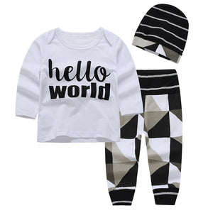 Adorable 3-pc 'Hello World' shirt, pants and hat set - Smart Cute Babies